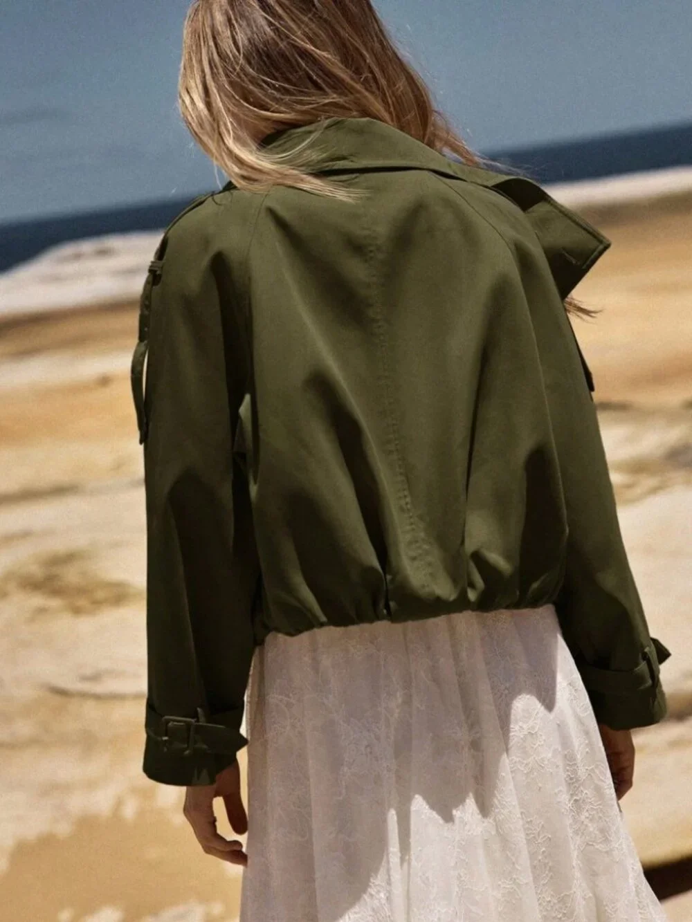 Olive Green Oversized Cropped Trench Jacket with Belted Cuffs